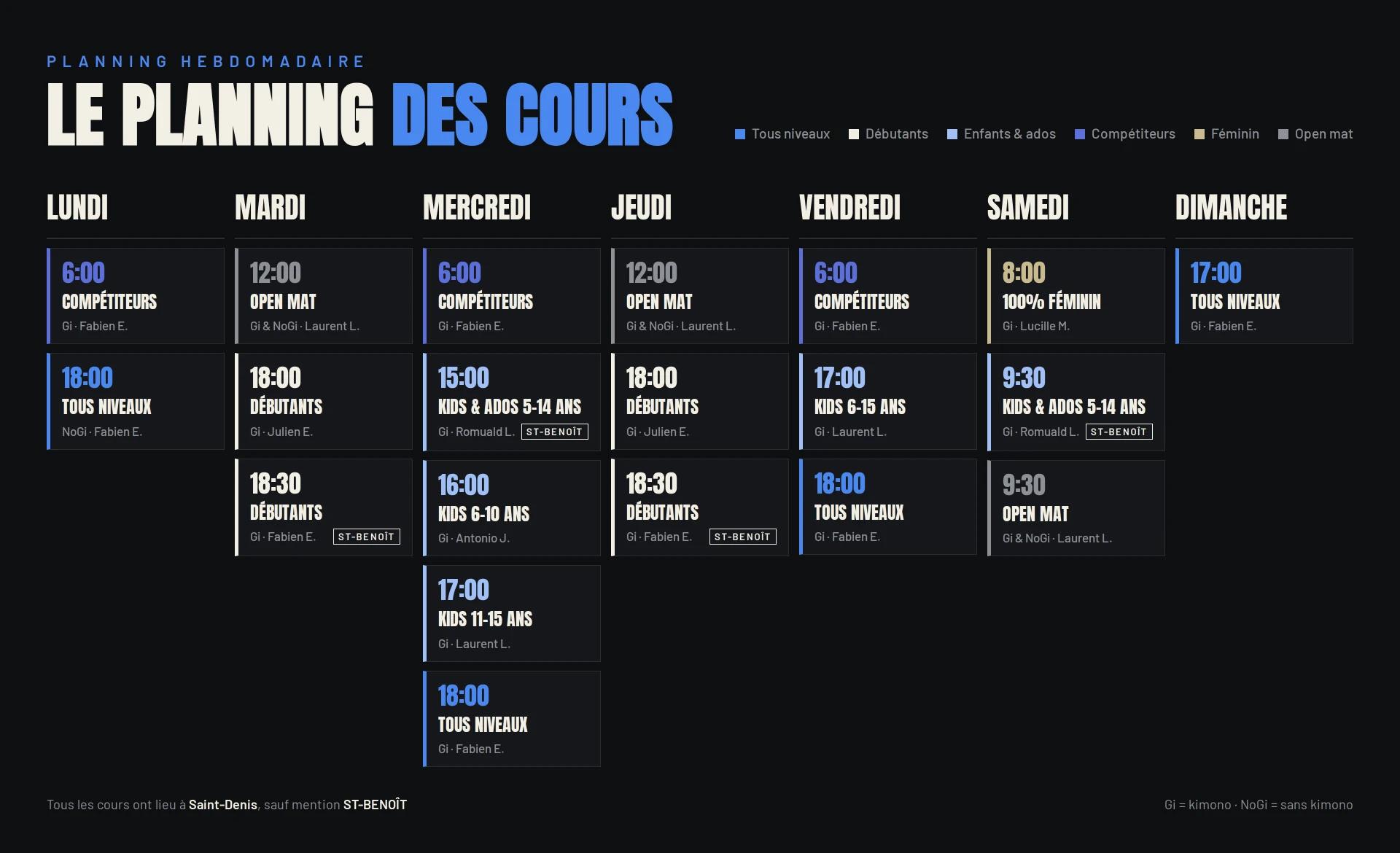 Planning hebdomadaire des cours de Foucheroll BJJ — créneaux tous niveaux, débutants, enfants, ados, compétiteurs et open mat